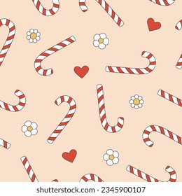 Patrón de Navidad groovy sin fisuras con bastón de caramelo de fondo rosado. Fondo retro para papel envolvente, invitación, tarjeta de saludo, textil. Ilustración del vector