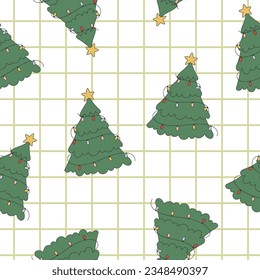 Christmas groovy seamless pattern with Christmas tree on checkerboard background. Retro background for wrapping paper, invitation, greeting card, textile. Vector illustration