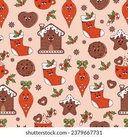 Christmas groovy seamless pattern. Trendy retro cartoon characters gingerbread, cookies, house, Xmas stocking, cocoa and toys balls on light background. Vector New Year illustration. Vibes 70s