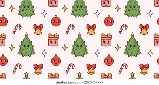 Christmas groovy seamless pattern. Trendy design with hand drawn characters and winter elements. Holiday background, cover, wrapping paper.