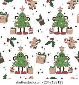 Christmas groovy seamless pettern with cartoon christmass tree, gingerbread Man with candy cane, gift boxes and holly