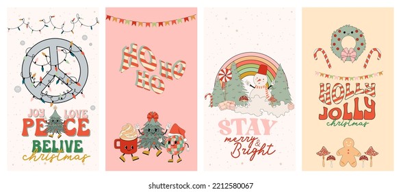 Christmas groovy social media temlate with hippie elements and charactres. Editable vector illustration.