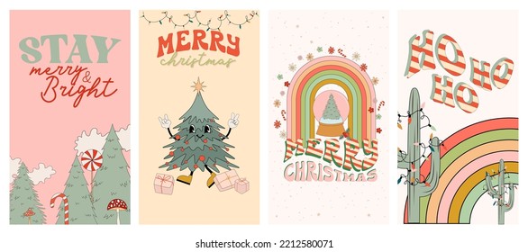 Christmas groovy social media temlate with hippie elements and charactres. Editable vector illustration.