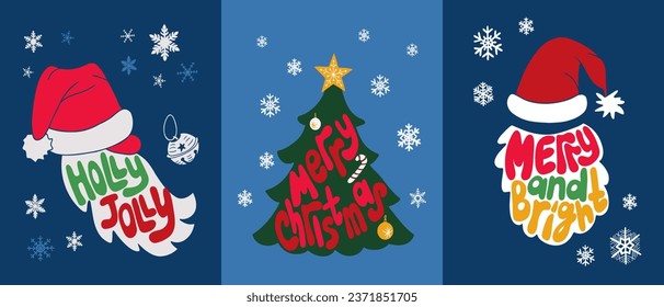 Christmas groovy typographic posters collection. Illustrations with silhouette of Santa Clause, christmas tree, snowflakes. Hand drawn holiday quotes in santas beard shape. Ideal for trend printouts