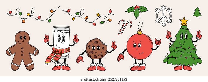 Navidades Groovy personajes de manguera de goma de Vector. Dibujado a mano árbol de Navidad y bola, vaso de leche, galleta, hombre de jengibre en estilo retro de moda. Feliz Navidad y feliz año Nuevo