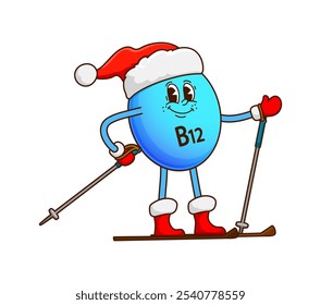 Christmas groovy vitamin B12 character on ski in Santa hat, vector cartoon micronutrient Groovy vitamin B12 riding ski on winter holiday with happy face and smile for Christmas or New Year character