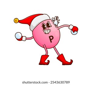 Christmas groovy vitamin P character playing snowball, winter holiday cartoon emoji. Funny groovy vitamin P or micronutrient pill in Santa hat with happy face for Christmas or New Year character