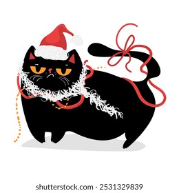 Natal grumpy Black Cat com Chapéu de Santa, feriados puros, cartão de saudação sarcasmo, Engraçado e ilustração de desenhos animados lúdicos.