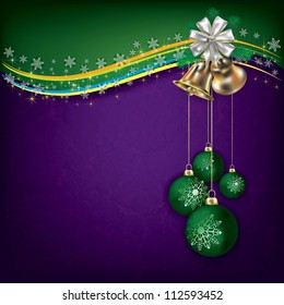 Christmas grunge background with green decorations and hand bells