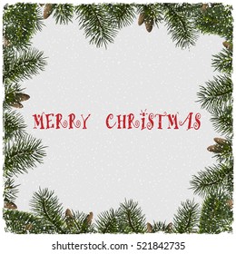 Christmas grunge background with christmas tree branches and snow. Christmas greeting card, invitation template. Vector illustration