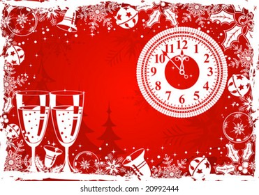 Christmas grunge frame with snowflake, mistletoe, bell, clock, element for design, vector illustration