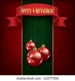 Christmas grunge greeting with red decorations and ribbon on green