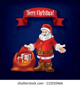 Christmas grunge greeting with Santa Claus and gifts on blue