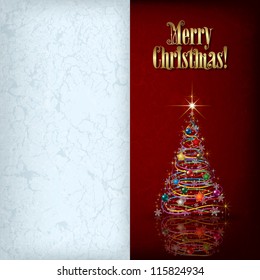 Christmas grunge greeting with tree and decorations on red background