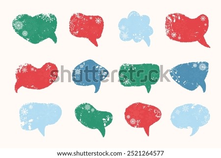 Christmas grunge speech bubbles with snowflakes, holly branch, bells and decorations. Empty xmas chat boxes set.