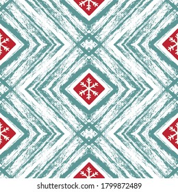 Christmas grunge square seamless pattern. Snowflake in square. Green red rhobuses on white background