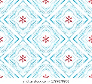 Christmas grunge square seamless pattern. Snowflake in square. Red snowflakes and blue rhobuses on white background