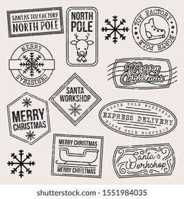 christmas grunge stamps set with frost deer ice skates . vector illustration