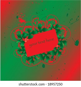Christmas grunge vector background with swirls and holly berries