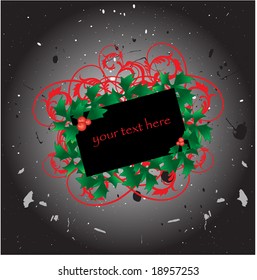 Christmas grunge vector background with swirls and holly berries