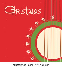 Christmas guitar background.Vector old poster with acoustic guitar with text