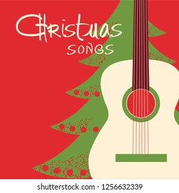 Christmas guitar red background.Vector greeting card with acoustic guitar and text