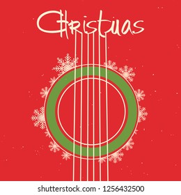 Christmas guitar red background.Vector old poster with acoustic guitar and text