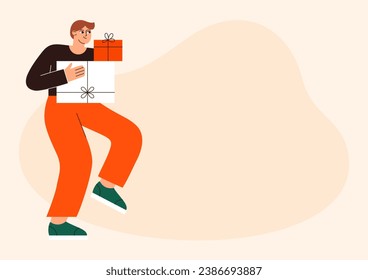 Christmas guy vector flat illustration. Young man carrying Christmas gifts. People celebrate New Year. Winter holidays. Christmas party 