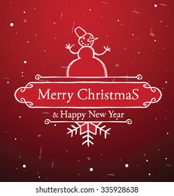 Christmas had drawn label with white snowman and snowlake on red background, vector