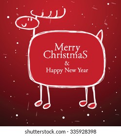 Christmas had drawn white label looks like a deer on red background, vector