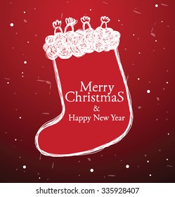 Christmas had drawn white label looks like a sock with a candies on red background, vector