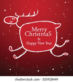 Christmas had drawn white label looks like a running deer on red background, vector