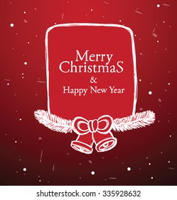 Christmas had drawn white label with Christmas tree branches and bells on red background, vector