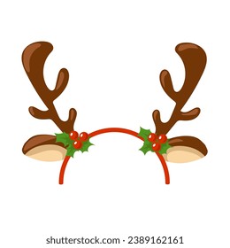 Christmas hair band with elk horns, ears and holly berries. Funny headdress for a party, festival, carnival, holiday. Cartoon style. Attribute of costume. Vector isolated.