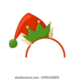 Christmas hair hoop with Elf hat and ears. Headdress for a party, festival, carnival, holiday. Cartoon style. Attribute of costume. Vector isolated.