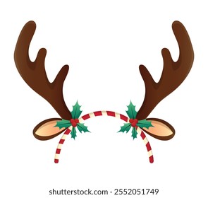 Christmas hair hoop with elk horns, ears and red berries isolated on white background. Funny element for a holiday, festival, carnival, party. Cartoon Vector style eps.