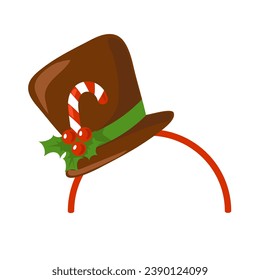 Christmas hair hoop with a Snowman hat. Hat is decorated with candy cane and holly berries. Headdress for a party, festival, carnival, holiday. Cartoon style. Attribute of costume. Vector isolated.