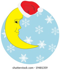 Christmas half moon in a hat against snowflakes. Vector