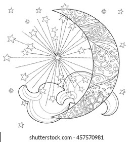 Christmas half moon with stars . Hand drawn doodle zen art.Adult anti stress coloring book or tattoo boho style.