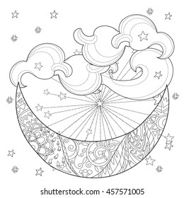 Christmas half moon with stars . Hand drawn doodle zen art.Adult anti stress coloring book or tattoo boho style.