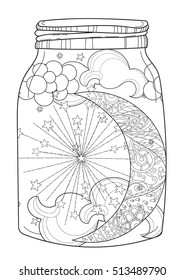 Christmas half moon with stars in magic jar . Hand drawn doodle zen art.Adult anti stress coloring book or tattoo boho style.