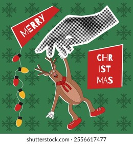 Christmas Halftone Collage art with reindeer and Halftone effect hand. Modern Christmas greeting card cover with typography. Joyful holiday vector illustration. 