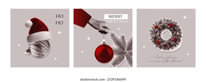 Christmas halftone collage cards, square covers templates set. Cut out of magazine shapes, clipping paper stickers, greeting words. Modern retro vector illustration