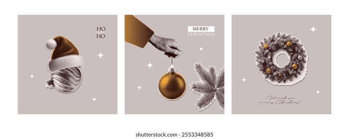 Christmas halftone collage cards, square covers templates set. Cut out of magazine shapes, clipping paper stickers, greeting words. Modern retro vector illustration