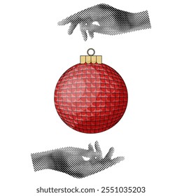 Colagem de meio-tom de Natal com mão efeito de meio-tom e bola de Natal isolado branco. Trendy retro xmas Halftone colagem modelo design.