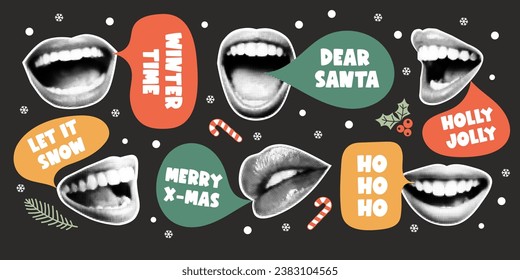 Christmas Halftone Collage elements of lips with speech bubbles. Retro template for banner, poster, card. Contemporary vector illustration.