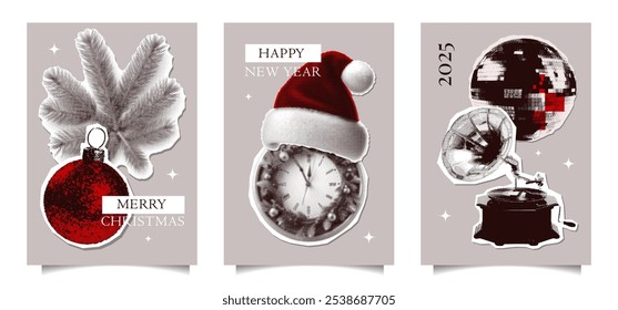 Christmas halftone collage posters set with torn out paper zine stickers. Elements cut out of magazine various shapes, winter holiday clipping paper stickers. Modern retro grunge vector illustration.