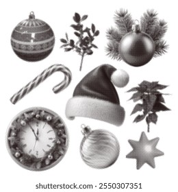 Christmas halftone elements set with poinsettia, balls, clock, fir branch, candy cane and Santa hat. Vector design with retro aesthetic, photocopy effects, and grunge patterns.