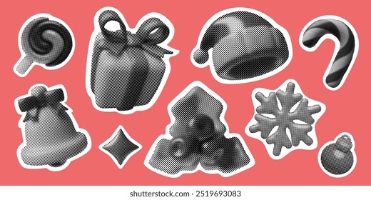 Christmas halftone y2k stickers set and retro collage elements including gift box, holly berry, Santa hat, bell with a bow, snowflake, candy cane black and white vector clip art illustrations.