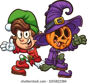 Personajes de Navidad y Halloween. Ilustración de imágenes prediseñadas vectoriales con gradientes simples. Algunos elementos en capas separadas. 